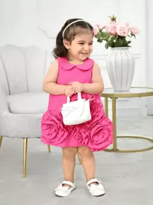 SHEIN Babygirl Summer Sleeveless Solid Color Cute 3D Flower Decor Peter Pan Collar Dress - Hot Pink - View 8