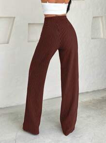 SHEIN Cottnline Fashionable Striped High-Waisted Straight-Leg Pants - Brown - View 2