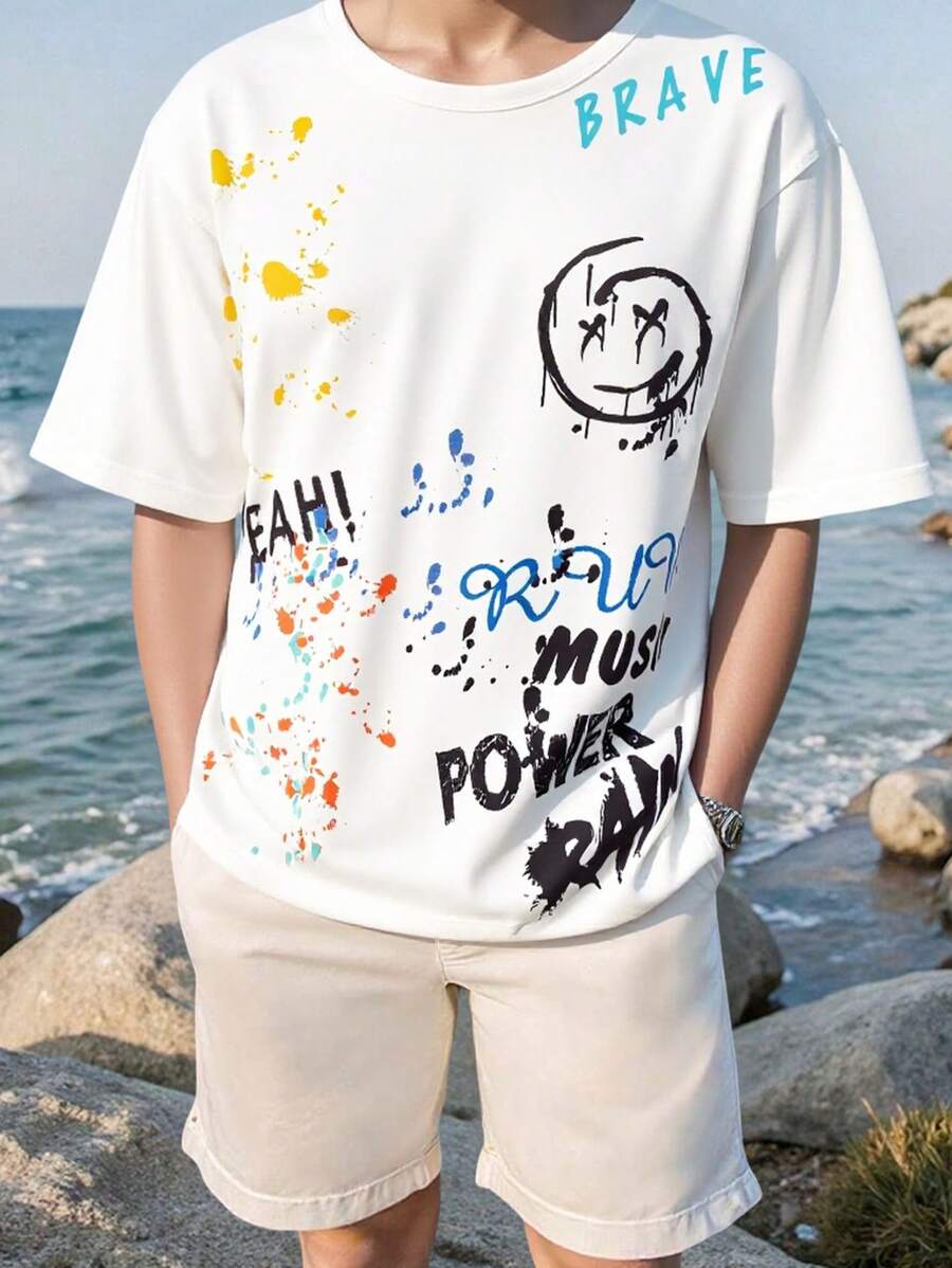 SHEIN 1 Piece Of Casual Short-Sleeved T-Shirt For Boys With Graffiti Prints, Suitable For Casual Outings And Easy Matching With Clothes, Suitable For Summer,Back To School - White - View 1