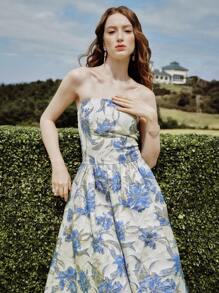 MOTF Soiréza JACQUARD GATHERED TUBE DRESS - Blue and White - View 10
