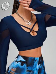 Innovista Women Navy Blue Gym Activewear Sports T Shirt,Autumn Athleisure Hollow Out Backless Breathable Mesh Padded Workout Top,Moister-Wicking Fitness Gear - Navy Blue - View 7
