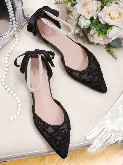 CUCCOO HITCHD Black Pearl Bow Lace Mesh Ladies Flat Shoes, Low Heel Comfortable Elegant Wedding Party Hollow Out Flats For Women For Christmas Elegant Shoes Wedding Shoes Summer Shoes Bride Shoes
