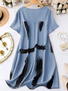 Plus Size Vacation Casual Color Block Print Dress - Blue - View 2