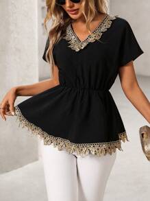 SHEIN Unity Women's Cinched Waist Casual Vacation Golden Lace Trim Blouse - Black - View 6