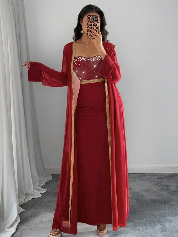Islaluna Set de rochii de lux elegant pentru dama, 2 piese din sifon cu perla cu împodobire