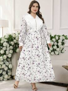 Modelyn 大码女式 V 领褶皱荷叶边长袖碎花连衣裙，优雅修身 - 彩色 - 查看 5