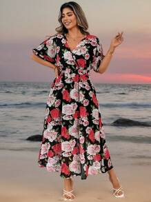 SHEIN Clasi Vestido estampado con rosas francesas para mujer, diseño evasé, ajuste ceñido, vestido largo elegante para primavera y verano - Negro - Ver 3