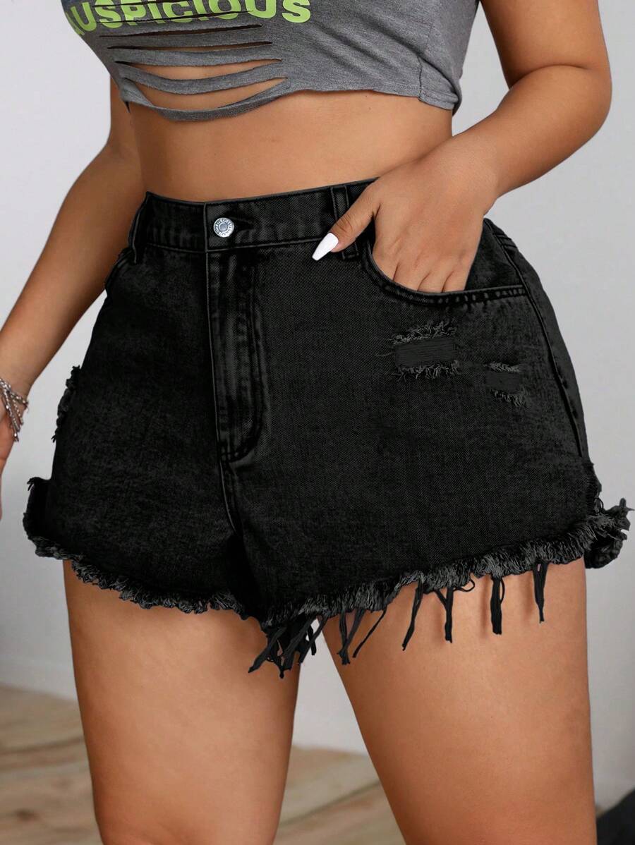 SHEIN ICON 大码女式休闲破洞洗水牛仔短裤带口袋 - 黑色 - 查看 1