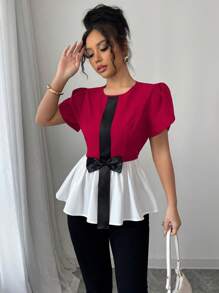 Elenzga Crew Neck Color Block Bowknot Ruffles Petal Sleeve Babydoll Blouse, Peplum Top, Casual Work Wear Two Pieces Look - Red - View 3