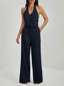 SHEIN Tall 办公室女士V领露背无袖上衣+阔腿裤修身加长套装 - 藏蓝色 - 查看 4