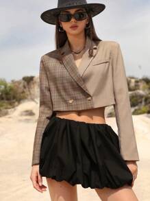 Aveloria Affinna Chaqueta de blazer de manga larga para mujer, estilo vintage lujoso y minimalista de vanguardia, con una combinación de cuadros marrones y unicolor, con hombreras recortadas, de alta gama, del año 2025