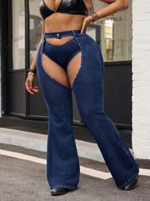 SHEIN SXY 加大码镂空性感简约时尚牛仔裤，适合夏季牛仔西部女牛仔牛仔裤和裤缝合身喇叭裤音乐节牛仔裤女式开裆裤 - 藍色 - 查看 6