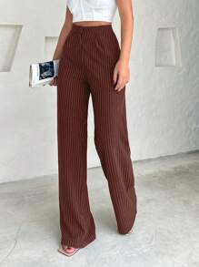 SHEIN Cottnline Fashionable Striped High-Waisted Straight-Leg Pants - Brown - View 5