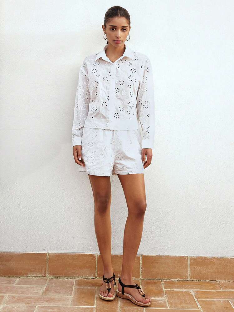 SHEIN Maija Women's White Summer Front Button Beach Holiday Casual Solid Color Hollow Embroidered Long Sleeve Cropped Shirt Top And Elastic Waist Side Pocket Shorts 2 Pieces Bohemian Set Vacation Outfits Woman