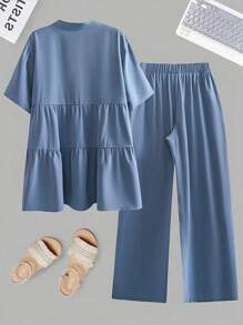 SHEIN Essnce Traje de verano para mujer talla grande, traje de muñeca, traje azul, vestido elegante para mujer, traje casual, atuendos de verano para mujer