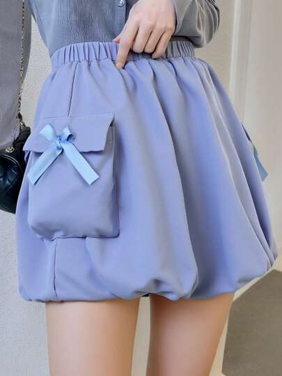 女孩休闲韩版松紧腰纯色短款泡泡袖裙，带 3D 蝴蝶结装饰和真口袋，可爱女孩迷你裙