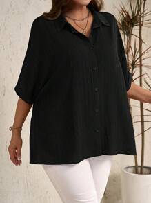 EMERY ROSE Plus Size Casual Solid Color Batwing Sleeve Shirt Fall - Black - View 3