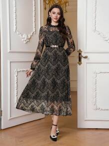 Modelyn Vestido transparente con mangas acampanadas de encaje elegante para mujeres - Caqui - Ver 4