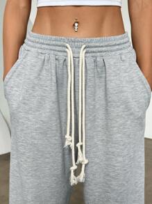 Lunelith SHEIN Lunessa Women's Gray Low-Waist Double-Strap Drawstring Tie Pocket Straight Leg Sweatpants, Fashionable Casual Sports Minimalist Design, Versatile For Daily/Home Wear, Spring/Summer
