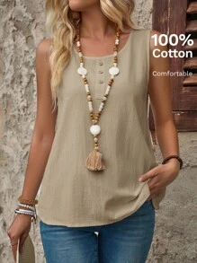 EMERY ROSE Women Casual Simple Solid Color Tank Top Cotton - Khaki - View 8
