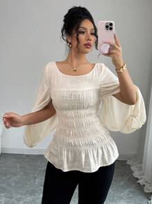Elenzga Áo cánh tay đèn lồng cổ chữ V nhún bèo thời trang cho nữ - Màu be - Xem 5