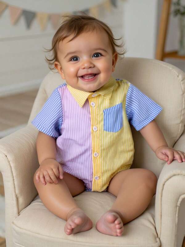 Souflis Souflis Mono de bebé recién nacido con cuello apropiado para 3-6 meses, diseño de bloques de color a rayas rosa, amarillo y azul, diseño general fresco y lindo, apropiado para que el bebé lo use en exteriores en verano