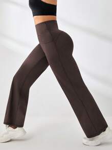 Slayform Quần legging tập luyện đơn giản cạp cao có túi cho nữ - Cà phê nâu - Xem 7
