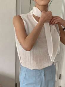 DAZY Women Tie Neck Sleeveless White Blouse, Spring/Summer Going Out Tops - White - View 4