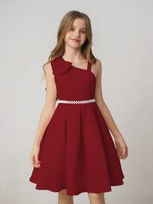 Tween Girl Sleeveless One Shoulder Cinched Waist A-Line Elegant Minimalist Wedding Bridesmaid Party Dress With Pearl Waistband - Burgundy - View 3