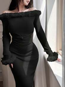 Modelyn Women's Solid Color Fuzzy Off-Shoulder Long Sleeve Ruched Fitted Dress, Elegant - Black - View 1