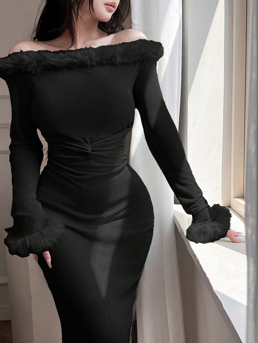 Modelyn Women's Solid Color Fuzzy Off-Shoulder Long Sleeve Ruched Fitted Dress, Elegant - Black - View 1