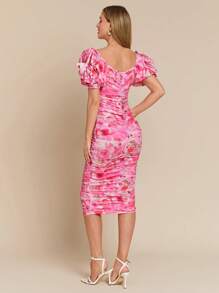 Amorya Vestido midi de manga corta con estampado floral, elegante y ajustado con fruncidos para mujer