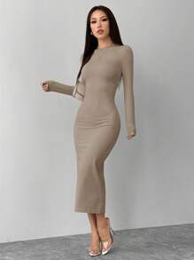 SHEIN PETITE 纯色褶皱腰黑色长袖连衣裙 - 卡其色 - 查看 3