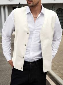 Manfinity VCAY Men's Woven PU Leather Loose Fit Sleeveless Vest, Suitable For Everyday Wear, For Fall Winter - White - View 3