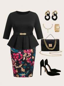 Ellevyn 大码优雅通勤纯色褶皱上衣和花卉印花裙两件套优雅度假两件套夏季婚礼宾客女士婚礼宾客 - 彩色 - 查看 1