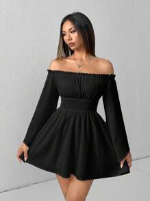 SHEIN PETITE Vestido blanco con volantes en los hombros, mangas abullonadas con flecos y mangas campana