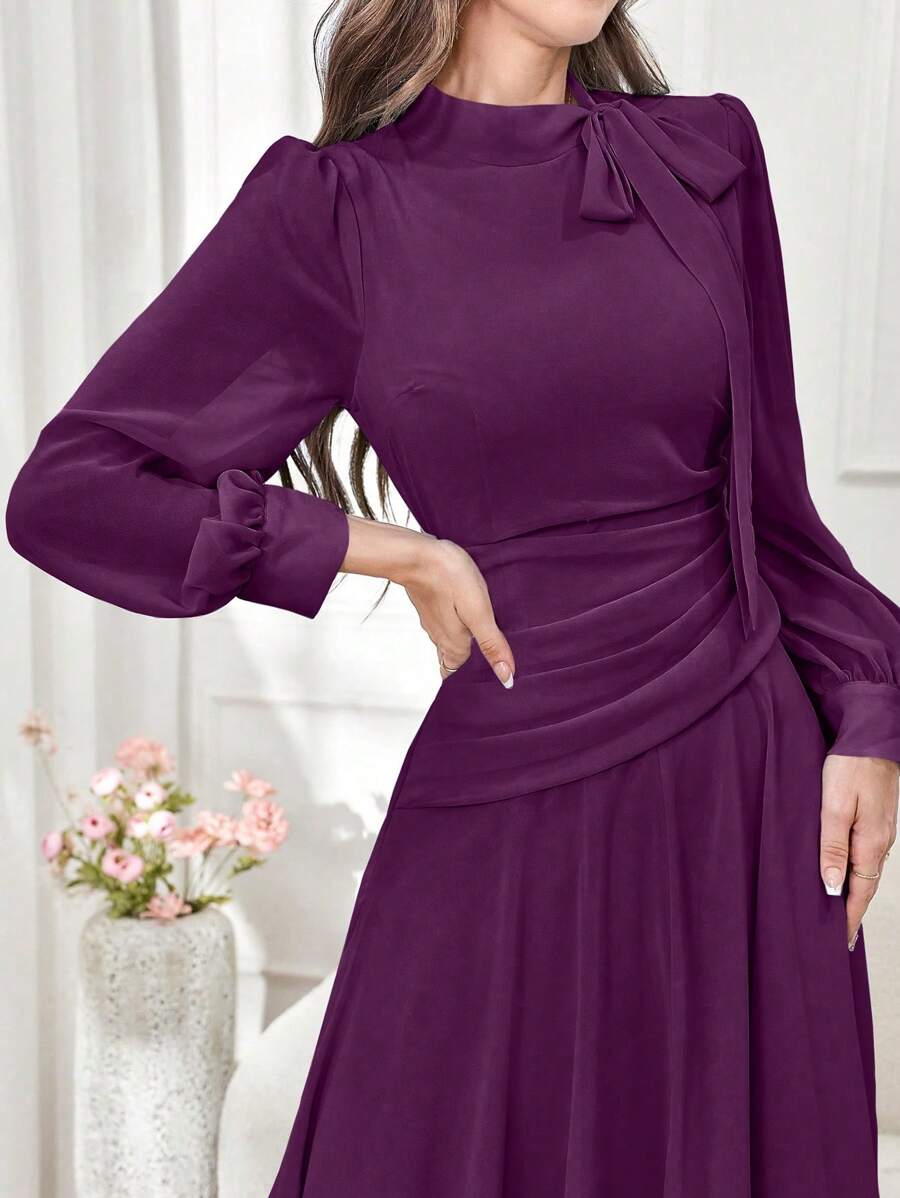 Modelyn Đầm Maxi Dài Dạ Hội Thanh Lịch Cổ Chữ V Thắt Eo Màu Trơn Cho Nữ Mùa Xuân/Hè - Màu tím - Xem 1