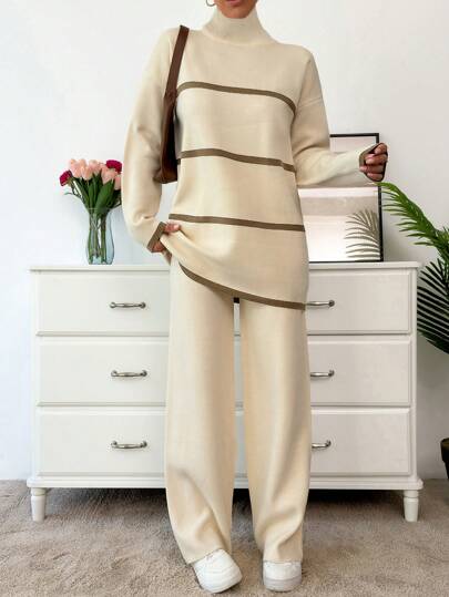 EURMUSE Women Mock Neck Stripe Patter Sweater