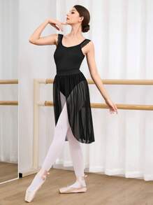 Dansine Ballet Skirt For Women, Adult Gymnastics Dancing Skirt With Mesh Slit, Solid Color Spring/Summer Ballet Dance Tutu Skirt,Women's Fashionable And Casual Slim-Fitting Dance Clothes, Ballet Clothes, Swimsuits, High Elastic Fabrics With Strong Tolerance, High-Cross Design To Make Legs Look Thinner And Longer, Fashionable Neckline/Back Design, Suitable For Vacation - Black - View 2