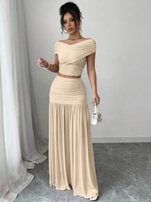 SHEIN Elenzya Women Solid Color Cropped Cross Hem Top & Ruched Skirt Fashion 2pcs Set - Apricot - View 4