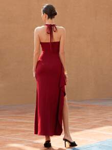 GENKIRA European & American Style High-End Luxury Graceful Halter Neck Sleeveless Side Slit Dress For Women Elegant Fashionable Style For Summer - Burgundy - View 2
