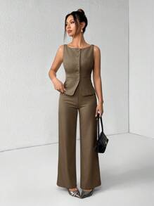 SHEIN PETITE 女款優雅咖啡棕秋季辦公兩件套套裝，純色圓領單排扣背心與長褲套裝，商務休閒通勤西裝，適合嬌小女性 - 棕色 - 查看 7