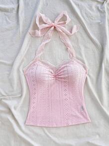 Soleia 女式夏季休闲吊带针织纹理吊带背心上衣，带蕾丝花边领口和蕾丝细节，时尚提花针织 - 粉色 - 查看 7