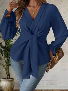 Calvaya 大码法式 V 领衬衫，优雅办公装，裹领，系腰，A 字型，修身 - 藍色 - 查看 1