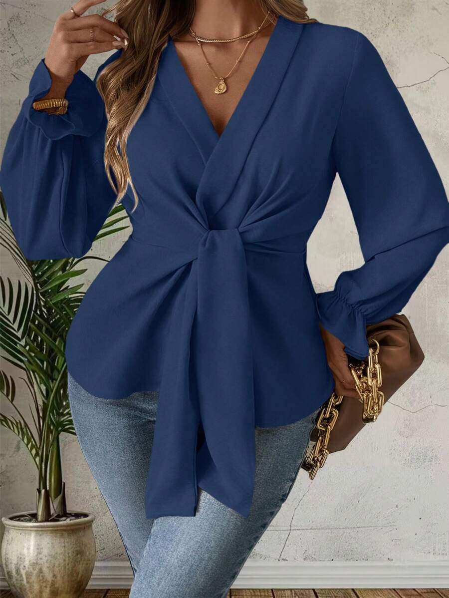 Calvaya 大码法式 V 领衬衫，优雅办公装，裹领，系腰，A 字型，修身 - 藍色 - 查看 1