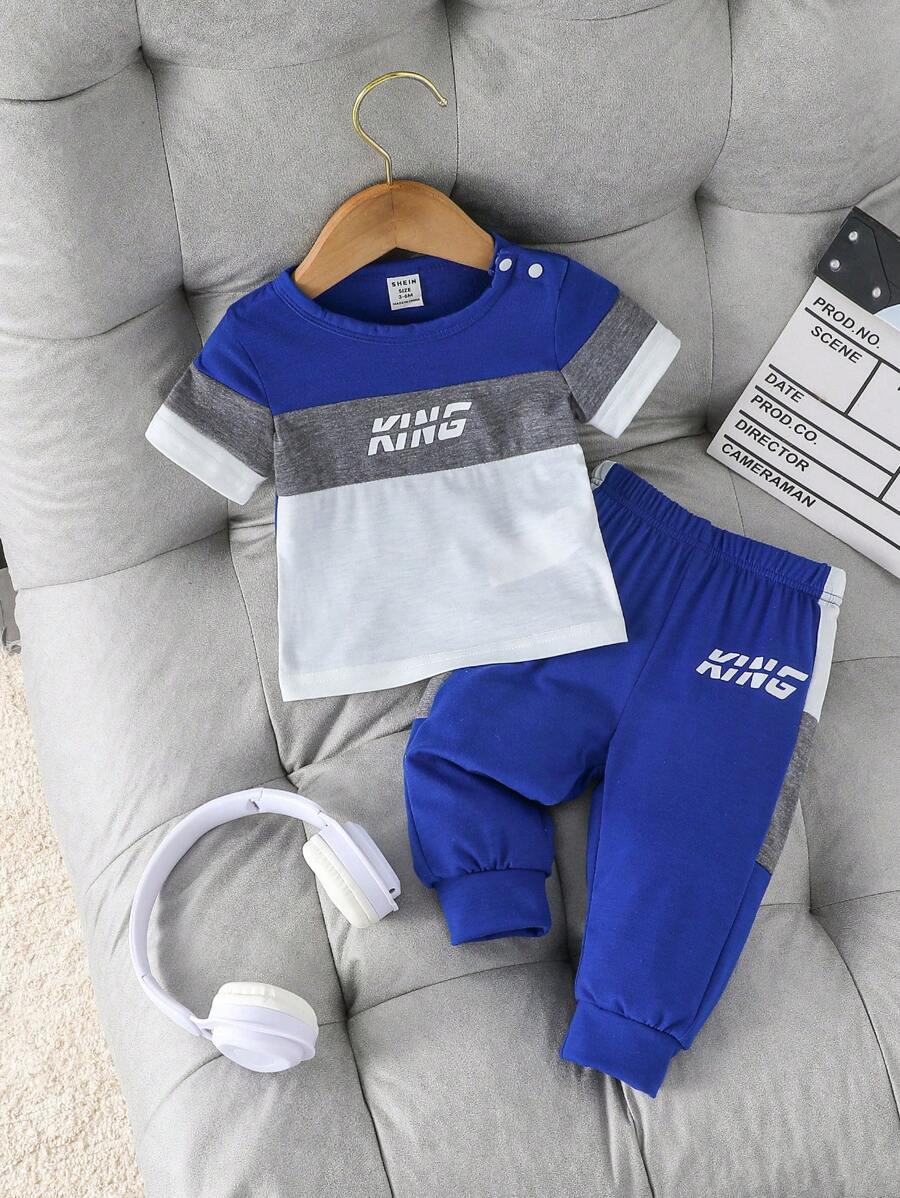 Baby Boy 2pcs Set: Sports Casual Color-Block Short Sleeve Letter Print T-Shirt & Patchwork Long Pants Outfit,Blue White Stripe,Summer,Casual,Beach - Multicolor - View 1