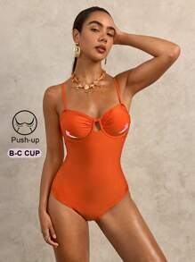 SHEIN Swim 1 件吊带聚拢连体泳衣 - 橘色 - 查看 4