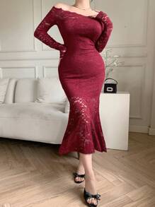 xheDAZY Vestido formal largo de mujer con encaje y parches, elegante, con volantes, vestido largo de manga larga y hombros descubiertos para otoñoxhe - Burdeos - Ver 2