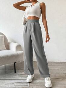 Flirla Quần ống đứng đơn sắc màu trơn đa năng giản dị - Màu Xám nhạt - Xem 3