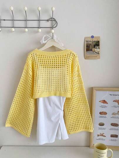 SHEIN Tween Girl Solid Color Hollow Out Flared Bell Sleeve Knit Sweater